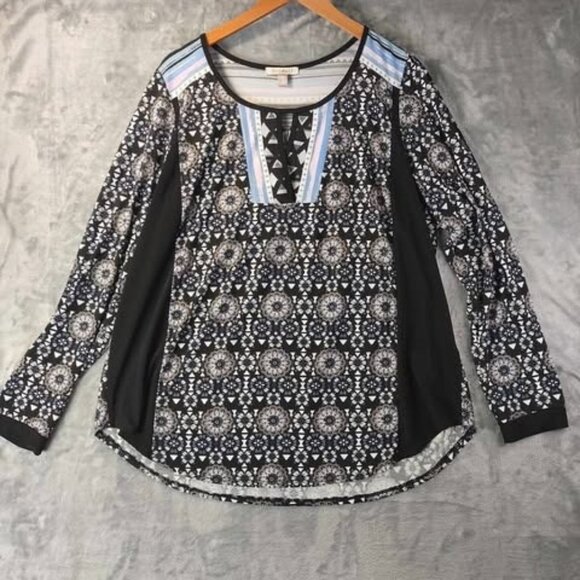 Roz & Ali Mixed Print Boho Tunic Top Black Blue 1X Weekend Casual Everyday Wear - Picture 1 of 10